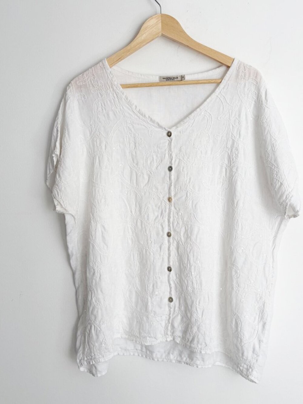 Valentina Naldi Lagenlook White Embroidered Linen Blouse XL